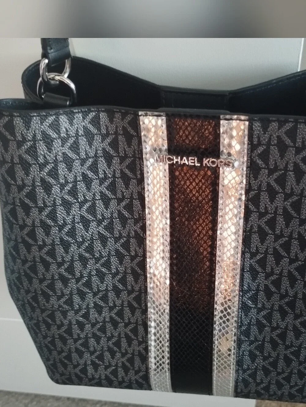 Michael Kors Black and Silver Signature Stripe Purse